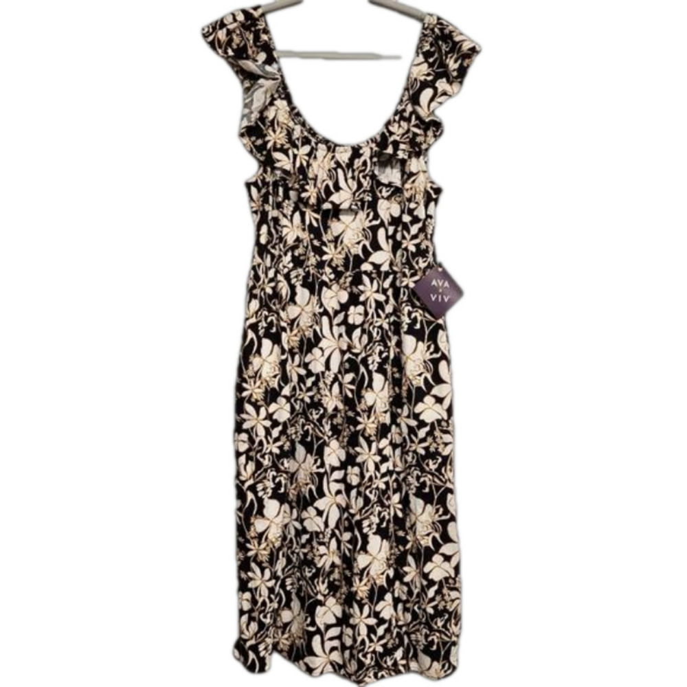Ava & Viv black cream gold floral linen blend maxi dress with pockets XXL NWT